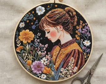 Kit de broderie portrait botanique, cerceau floral fille, ensemble de broderie céleste