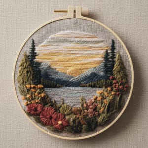May include: Embroidered landscape art in a wooden hoop. The scene shows a sunset over mountains and a lake, with trees and flowers. The colour scheme includes yellow, blue, green, and red. The embroidery is hand-stitched.