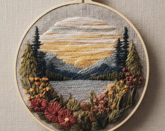 DIY Embroidery Kit Landscape Scenery Pattern Sunset, Night Needlework Creative Gift for Crafters & Nature Inspired Wall Art Decor