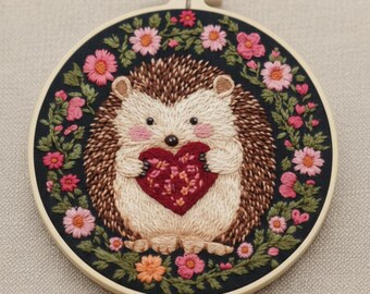Kit de broderie hérisson : couronne de fleurs, broderie d'animaux de la forêt (arceau de 20 cm)