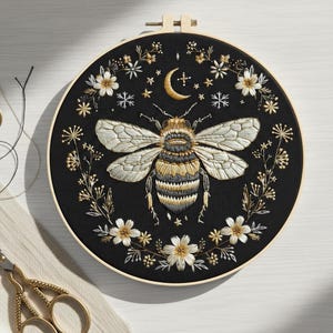 Celestial Bee Embroidery Kit, Moon Stars DIY Needlepoint, Beginner Craft
