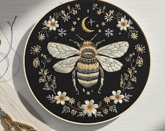 Celestial Bee Embroidery Kit, Moon Stars DIY Needlepoint, Beginner Craft