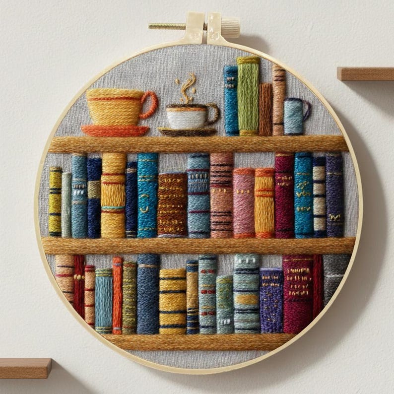 May include: Embroidered hoop art featuring a cozy bookshelf scene. The artwork showcases a collection of colorful, textured books on wooden shelves, with a yellow teacup and a steaming coffee cup. The background is a light gray fabric.