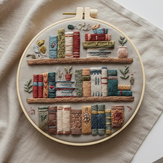 Bookshelf Embroidery Kit, DIY Library Hoop Art for Adults & Beginners, Complete 3D Stitch Craft, Thoughtful Book Lover Gift for Reader