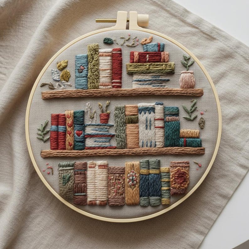 May include: Embroidered hoop art featuring a bookshelf design. The artwork showcases a collection of colorful, textured books arranged on wooden shelves. Decorative leaves and a small vase add detail to the design. The hoop is beige.