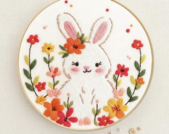 Kit de broderie : motif lapin fleurs, cercles de travaux d'aiguille pour débutants, travaux manuels de décoration de chambre d'enfants