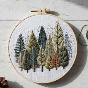 May include: An embroidered forest scene in a wooden hoop. The artwork features a variety of trees in shades of green, brown, and beige, with detailed stitching creating texture and depth. The background is white fabric, and the hoop is made of light-colored wood.