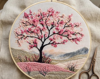Kit de broderie fleurs de cerisier : cerceau paysage Sakura, motif de broderie pour débutant