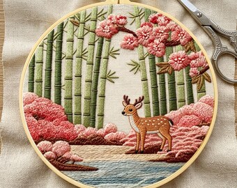 Kit de broderie Forêt de bambous et cerfs : art sur tambour représentant un paysage naturel (20 cm)