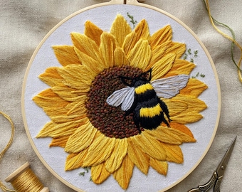 Kit de broderie tournesol motif bourdon bricolage ensemble d'artisanat pour débutant cerceau floral art couture à la main cadeau pour les artisans