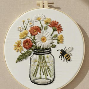 Bee and Wildflower Embroidery Kit, Beginner DIY Craft, Mason Jar Hoop Art