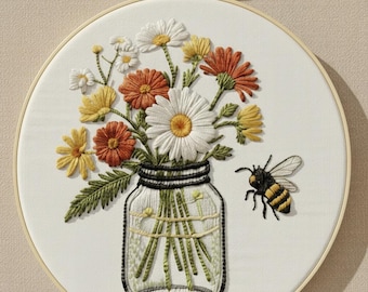 Bee and Wildflower Embroidery Kit, Beginner DIY Craft, Mason Jar Hoop Art
