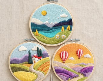 Kit de broderie paysage : Montagne, montgolfière, paysage champêtre (cadre de 20 cm)
