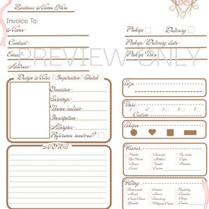 Puede incluir: Un formulario de pedido de pasteles en color blanco con texto marrón y detalles de cintas rosas. Incluye campos para el nombre del negocio, datos del cliente, tamaño, niveles, forma, sabor, relleno, cobertura y estado del pago.