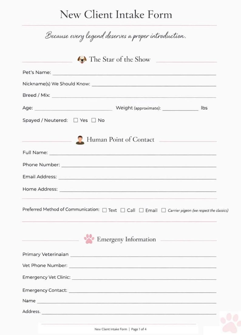 Dog Business Client Intake Form | Pet Sitter, Groomer, Walker PDF (2 ...
