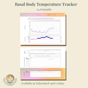 Può includere: Tracker della temperatura basale stampabile in formato A4 con grafici e tabelle. Il design include sezioni per il monitoraggio della temperatura, del muco cervicale e di altri indicatori di fertilità. Il testo "Available in Fahrenheit and Celsius" è in basso.