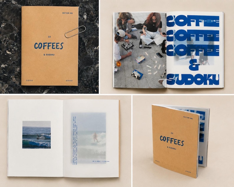 Puede incluir: Un folleto de tapa blanda color canela titulado 22 COFFEES & SUDOKU con un clip de metal en la portada. Las p&aacute;ginas interiores presentan tipograf&iacute;a azul, impresiones fotogr&aacute;ficas de personas jugando, escenas de surf y textos sobre papel blanco.
