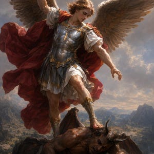 May include: A winged figure in silver and gold armour with a flowing red cape stands atop a dark, horned creature. The figure holds a raised sword, while large feathered wings extend from their back against a cloudy sky and mountain landscape.
