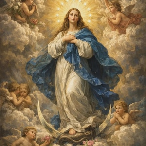 Puede incluir: Una pintura religiosa clásica muestra a una mujer con un vestido blanco y un chal azul, rodeada de querubines y nubes. Una paloma y un halo de estrellas brillan sobre ella. La obra de arte tiene un estilo clásico con colores suaves y detalles.