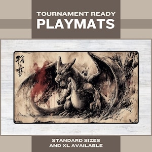 May include: Playmat featuring a detailed illustration of a dragon with large wings, in shades of brown, black, and red. The playmat has the text "TOURNAMENT READY PLAYMATS" at the top and "STANDARD SIZES AND XL AVAILABLE" at the bottom.