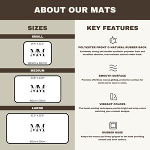 May include: Informative graphic detailing mouse mat sizes: small (14.4" x 12.1"), medium (23.6" x 13.8"), and large (31.5" x 15.5"). Key features include polyester front, natural rubber back, smooth surface, vibrant colors, and a rubber base.