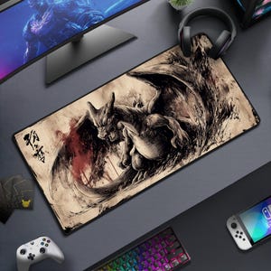 May include: A rectangular mousepad featuring a detailed illustration of a dragon-like creature in shades of brown and black. The design includes Japanese characters and red accents. The mousepad is surrounded by gaming accessories.