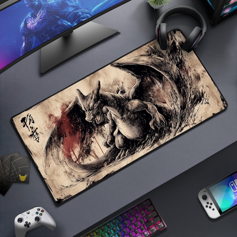 May include: A rectangular mousepad featuring a detailed illustration of a dragon-like creature in shades of brown and black. The design includes Japanese characters and red accents. The mousepad is surrounded by gaming accessories.