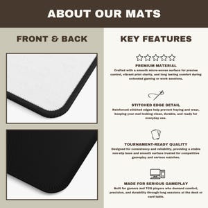 May include: An image showcasing a gaming mat with key features. The mat has a white top with a black stitched edge and a black non-slip base. Text highlights premium material, stitched edge detail, tournament-ready quality, and serious gameplay.