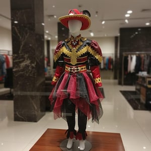 May include: A mannequin wearing a theatrical costume. The outfit is red, black, and gold. It includes a hat, a jacket with puffed sleeves, a skirt, and trousers. The ensemble is embellished with gold trim and decorative elements. The costume is on display.