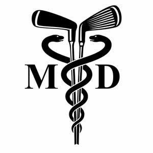 Könnte beinhalten: Schwarz-weiße Grafik mit zwei Golfschlägern, die mit einem Caduceus-Symbol verschlungen sind, mit den Buchstaben "M" und "D" auf beiden Seiten. Das Design ist vor einem weißen Hintergrund platziert und erzeugt einen starken Kontrast.