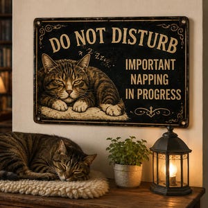 May include: A rectangular black metal sign with gold text reading DO NOT DISTURB IMPORTANT NAPPING IN PROGRESS. The sign features an illustration of a brown tabby cat sleeping with Z symbols above its head and decorative gold scrollwork corners.