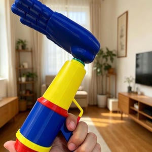 Puede incluir: Un lanzador de juguete de plástico con forma de mano, que presenta una mano articulada de color azul brillante unida a una base cilíndrica amarilla y azul con una parte inferior roja y un mecanismo de gatillo amarillo de plástico primario.