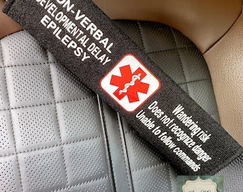May include: Black seatbelt strap with white text that reads "Non-Verbal Developmental Delay Epilepsy". A red medical symbol with a snake is in the center of the strap. The text "Wandering risk Does not recognize danger Unable to follow commands" is printed on the strap. The strap is on a black leather seat with a brown leather seat back.
