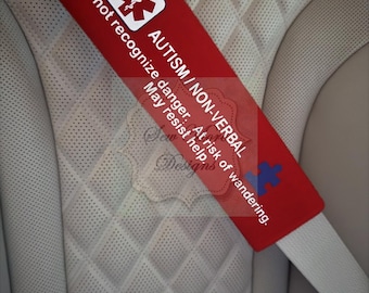 Autism ~ Medical Alert Seat Belt Cover, Disability, Special Needs ~ Emergency ~ Safety ~ Car Accessory