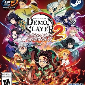Pode incluir: Uma capa vibrante de videogame para "Demon Slayer: The Hinokami Chronicles 2." A arte apresenta vários personagens de anime com espadas, em um fundo flamejante. O título do jogo é exibido de forma proeminente, juntamente com a classificação ESRB e o logotipo da SEGA.