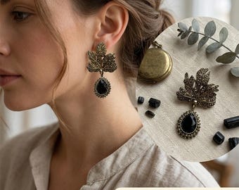 Vintage Leaf Earrings, Black Teardrop Gem Dangle Earrings, Marcasite Style Statement Jewelry, Antique Gold Leaf Drop Earrings, Gift for Her