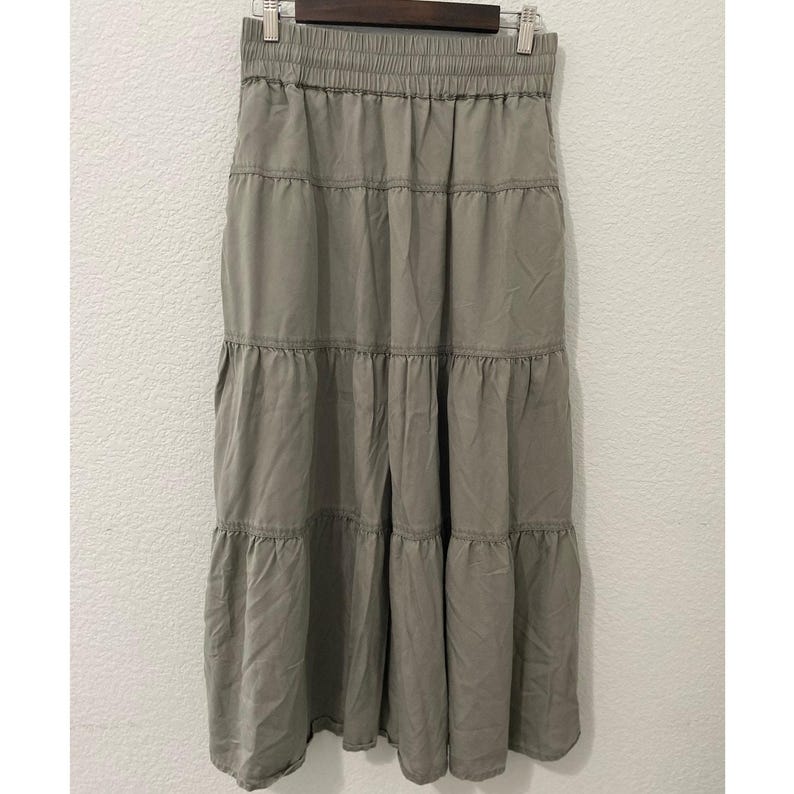 Quince Tiered Maxi Skirt XS Olive Green Tencel Lyocell Elastic Waist image 1