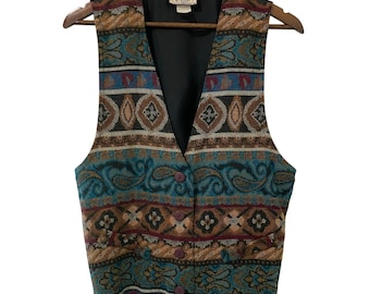 Vintage Wrapper Tapestry Vest Large 90s Boho Southwestern Button Front Tie Back