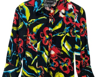 Blusa vintage Bella Pelle talla S, jacquard floral abstracto colorido, manga 3/4