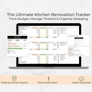 Könnte beinhalten: Ein Laptop-Bildschirm zeigt einen Küchenrenovierungs-Tracker mit Budget-, Zeitplan- und Einkaufsverwaltungsfunktionen. Der Text enthält "The Ultimate Kitchen Renovation Tracker" und "Track Budget, Manage Timeline & Organise Shopping."