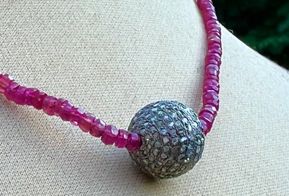 DESIREE  Beaded Ruby Necklace with Diamond Sphere Pendant