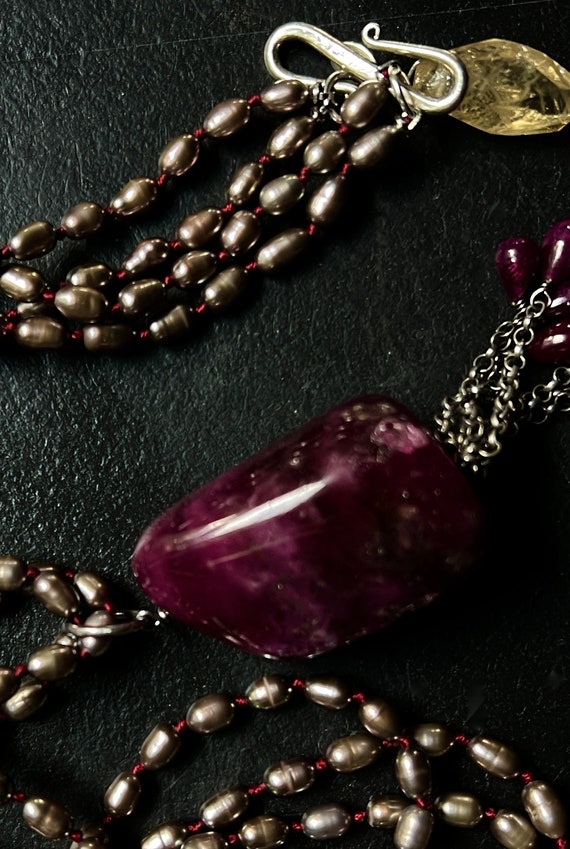 PRISHA  Doublestrand Pearls and Rubies Tallisman Pendant Necklace