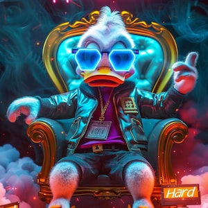 Op de afbeelding: Een cartoon eend met een zonnebril, een leren jas en een gouden ketting, zittend in een gouden stoel. Het woord "Hustle" staat in neonroze boven de eend. Stapels contant geld en goudstaven liggen voor de eend.