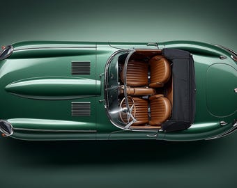 Green Jaguar E-Type Art Print, Vintage Roadster Top View (Digital Download)