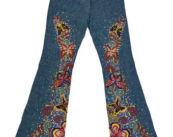 Christian Dior Boutique Galliano 2002 Flare broek met vlinderborduurwerk, maat UK2 FR34