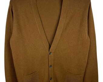 Cardigã vintage escocês de cashmere, Peter Scott, fabricado na Escócia, suéter de malha marrom tabaco, tamanho G masculino, malha de cashmere de luxo.