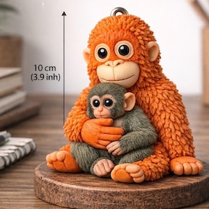 May include: A whimsical figurine of a mother orangutan hugging a baby orangutan. The mother is orange, and the baby is gray-green. The figurine is 3.9 inches tall and 3 inches wide. The base is a round, wooden platform.