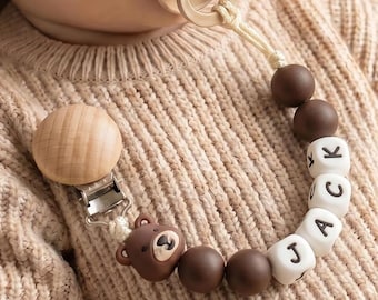Teddy Bear Pacifier Clip, Personalized Baby Name Binky Holder, Neutral Wood Bead Paci Clip, Newborn Gift