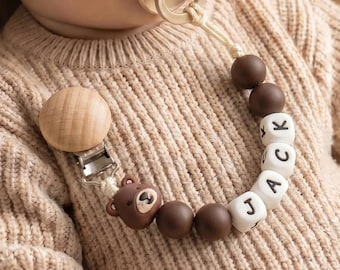 Teddy Bear Pacifier Clip, Personalized Baby Name Binky Holder, Neutral Wood Bead Paci Clip, Newborn Gift