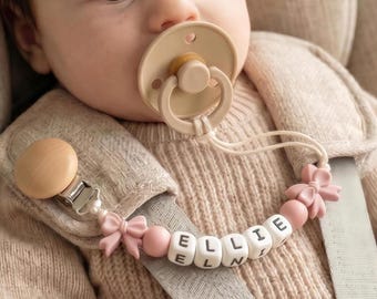 Personalized Bow Pacifier Clip, Custom Name Paci Clip for Baby Girl, Binky Holder, Baby Shower Gift
